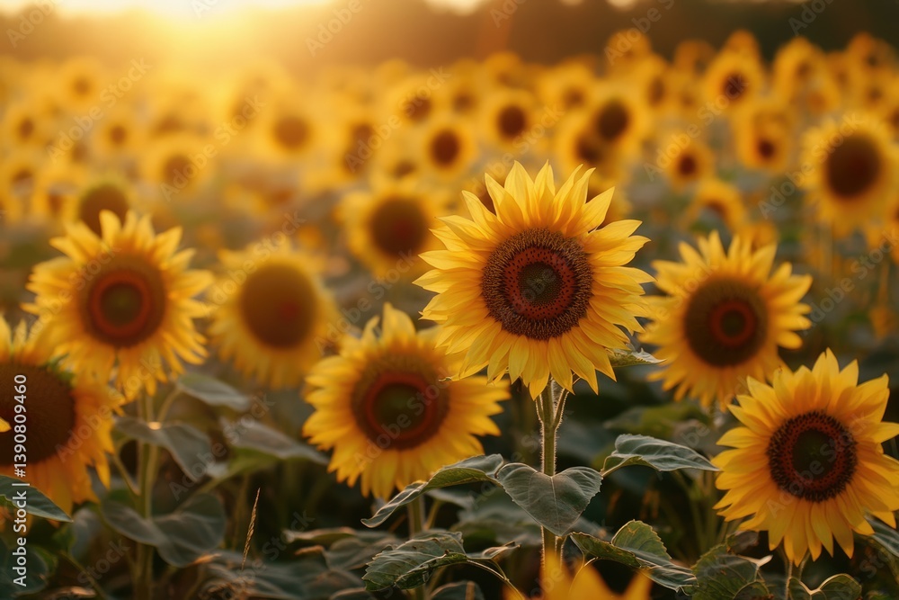 Obraz premium A field of sunflowers bathed in the golden light of sunset, creating a breathtaking and serene summer scene.