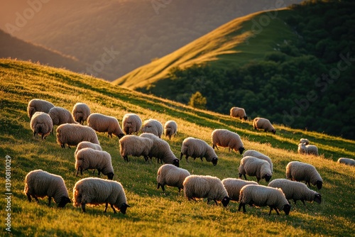 A flock of sheep graze peacefully on a lush green hillside bathed in the golden light of sunset.