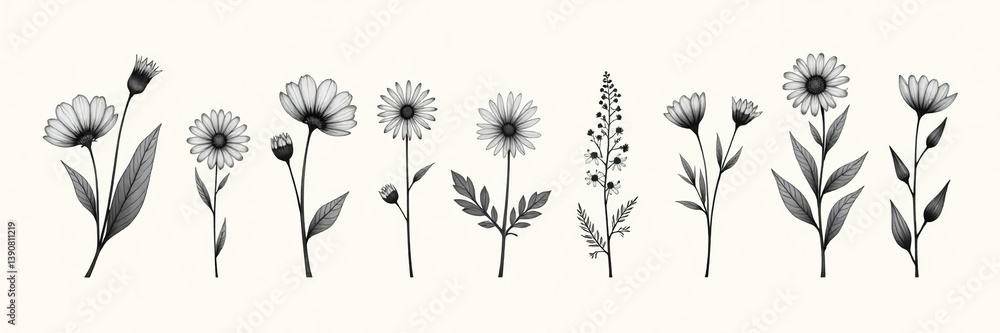 Obraz premium Vector illustration of minimal tattoo flower collection with hand drawn wild flowers in charcoal drawing style, minimal, drawing