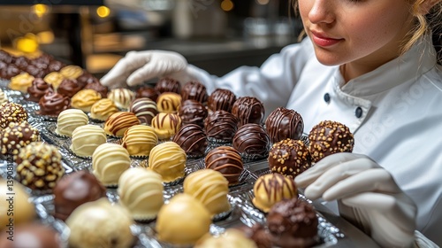 Woman arranging assorted chocolate truffles