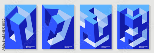Abstract 3d geometric poster background vector set. Blue minimalist style cover template with 3d shapes. Modern architectural illustration for cover design, social media, banner, flyer, catalog, ads.