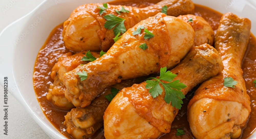 Delicious Chicken Drumsticks with Tomato Sauce and Parsley in White Bowl Delicious Chicken Drumsticks with Tomato Sauce and Parsley in White Bowl