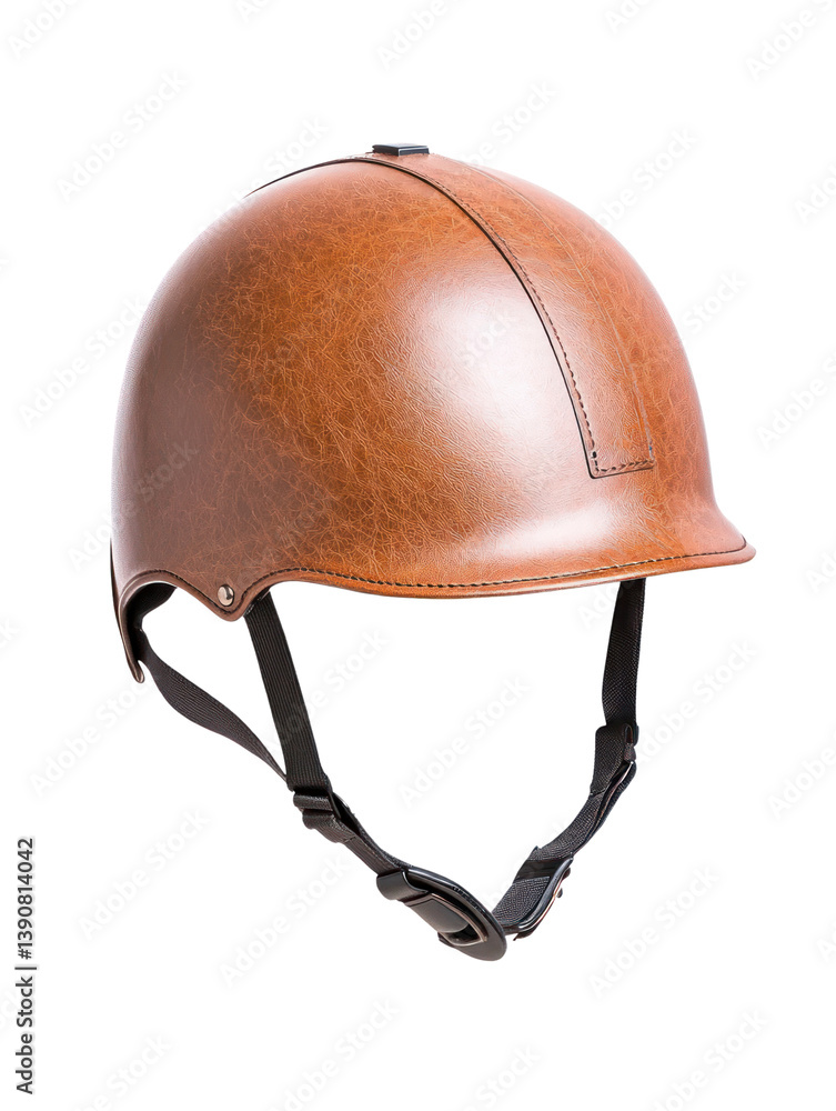 Fototapeta premium Leather riding helmet cut out background equestrian gear studio environment top view safety and style