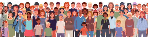 Group of people seamless pattern. Children and teenagers, adults and seniors stand together. Vector illustration of men and women of different nationalities and ages.
