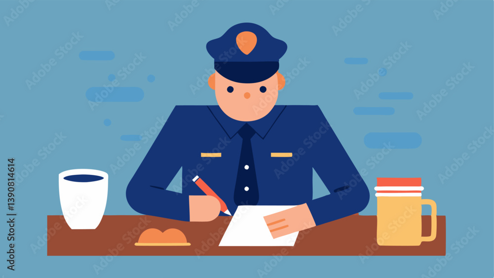 Officer at a Desk A police officer sitting at a wooden desk strewn with papers intently writing in a notebook with a pen a coffee cup nearby. Officer at a Desk A police officer sitting at a wooden desk strewn with papers intently writing in a notebook with a pen a coffee cup nearby.