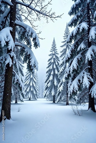 Snow-covered woodland trees in a cold winter landscape,  outdoor,  snowy trees