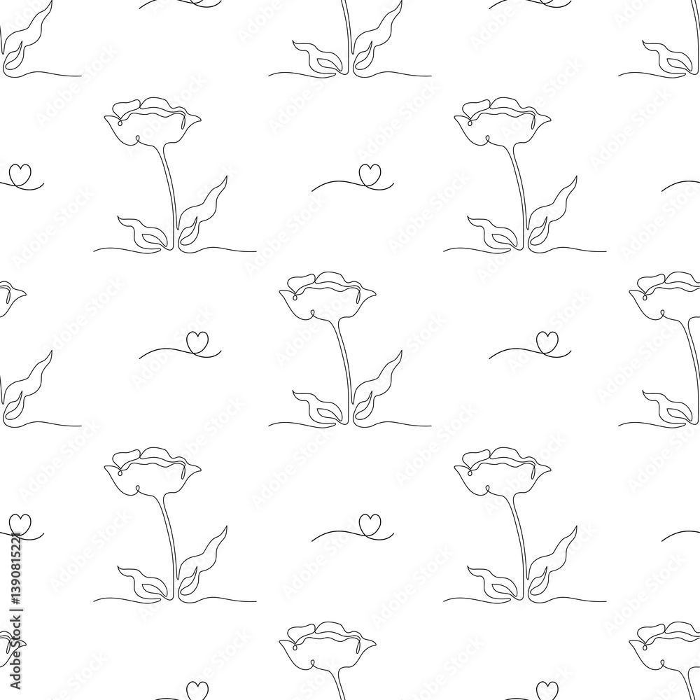 Obraz premium Seamless floral Pattern Flower and Heart. One Continuous Line Drawing