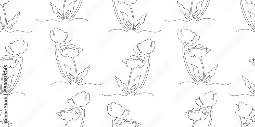 Fototapeta premium Seamless Pattern Two Flowers. One Continuous Line Drawing