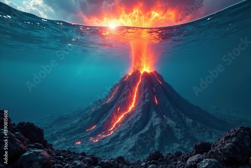 Underwater scene with volcanic eruption creating surreal colors and landscapes,  nature,  underwater volcano