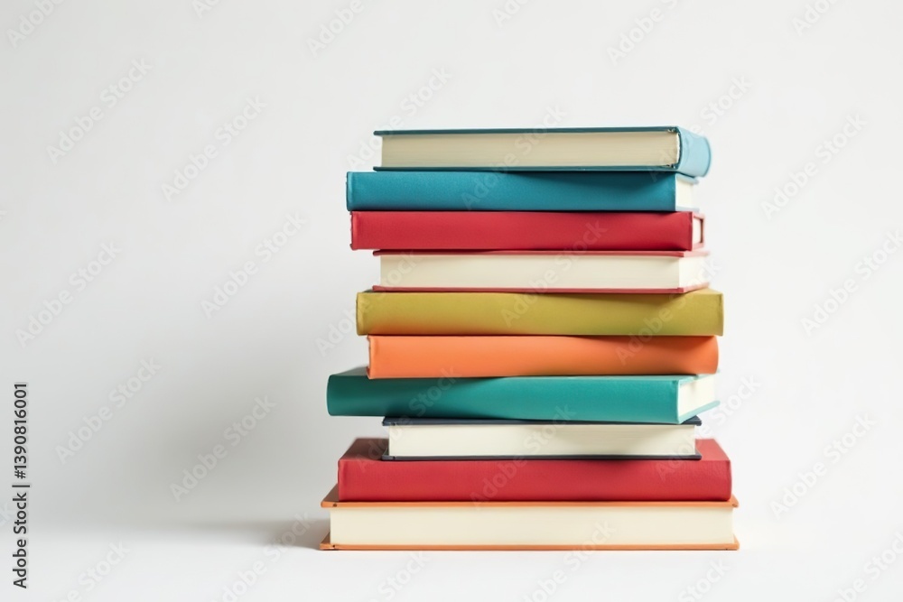 Stack of various colorful books stacked neatly on a white background, textbooks, education Stack of various colorful books stacked neatly on a white background, textbooks, education