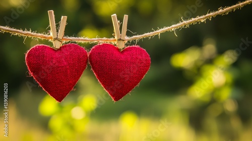 Symbolic male and female heart shapes hanging on the clothesline. Isolated on white. Wedding or st.Valentine theme.