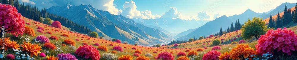 Fototapeta premium Vibrant and colorful digital landscape filled with intricate details, artistic, dreamlike