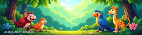 Vibrant and colorful cartoon jungle scene with playful tropical animals,  cartoon,  wildlife