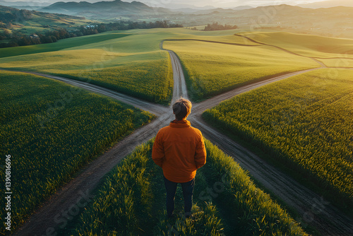 A person standing at the center of an X-shaped crossroads in a wide, open rural landscape, seen from a slightly elevated angle