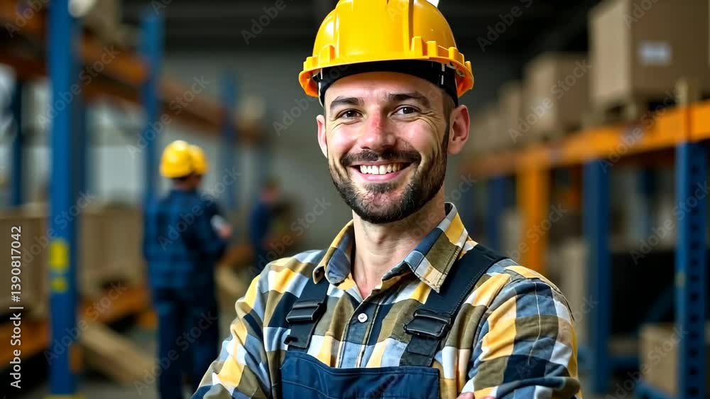 Portrait of a male worker in a yellow safety helmet standing on a construction site or at a workplace in industry, in a manufacturing workshop, carpentry shop. Male carpenter, fitter Portrait of a male worker in a yellow safety helmet standing on a construction site or at a workplace in industry, in a manufacturing workshop, carpentry shop. Male carpenter, fitter