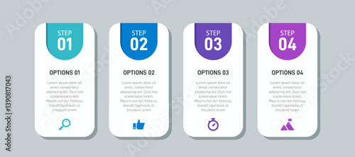 Horizontal progress bar featuring 4 arrow-shaped elements, symbolizing the four stages of business strategy and progression. Clean timeline infographic design template. Vector for presentation