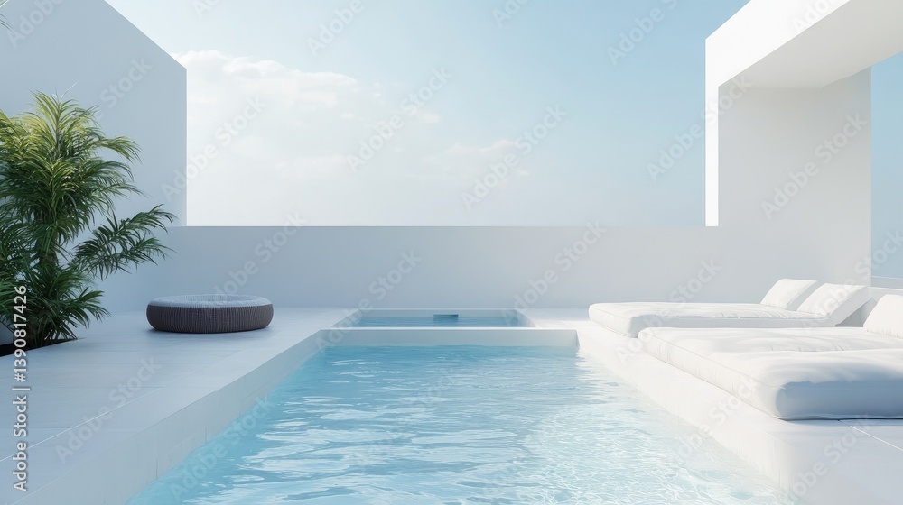 Fototapeta premium Serene Outdoor Pool Area with Modern Lounge Chairs and Clear Blue Sky at Daytime
