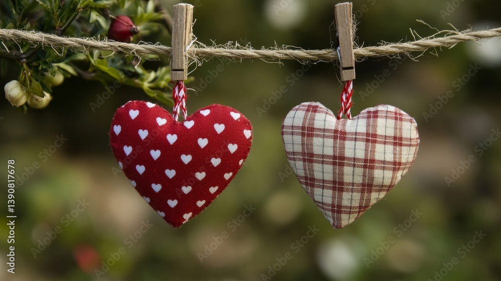 Symbolic male and female heart shapes hanging on the clothesline. Isolated on white. Wedding or st.Valentine theme. Symbolic male and female heart shapes hanging on the clothesline. Isolated on white. Wedding or st.Valentine theme.