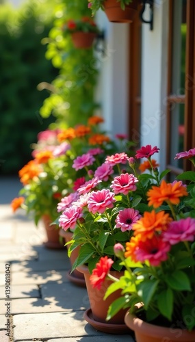Various colorful flowers blooming in a variety of pots on a sunny patio,  beautiful,  spring