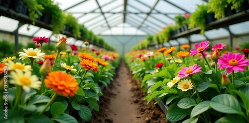 Various colorful flowers and plants thriving in a greenhouse setting,  beautiful,  horticulture