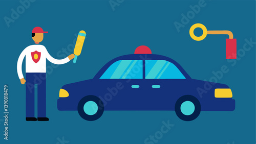 Police Car Scene An illustration featuring a parked police car with flashing lights and a forensic expert beside it using a fingerprint brush on the door.