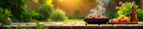 Summer BBQ atmosphere in backyard garden with a grill sizzling away on a wooden table, all set against a beautifully blurred background,  lifestyle,  wooden table