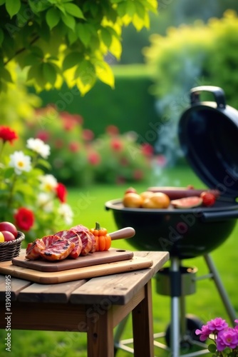 Summer BBQ in backyard garden with a wooden table, grill, and a blurred background of lush greenery and colorful flowers,  cooking,  wooden table