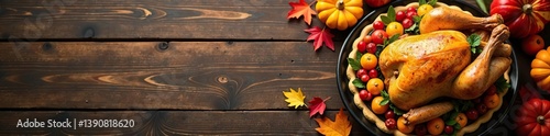 Thanksgiving dinner background with turkey, pumpkin pie, autumn leaves, seasonal decor on wooden backdrop, copy space,  decor,  autumn