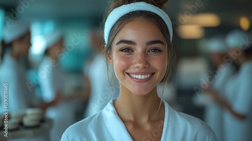 Smiling young woman in spa uniform at a wellness center during a busy afternoon