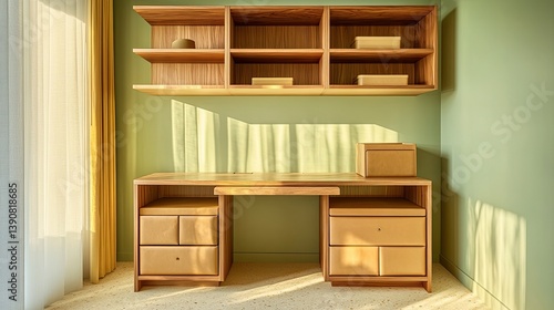 A compact home office nook carved into a wooden shelving unit