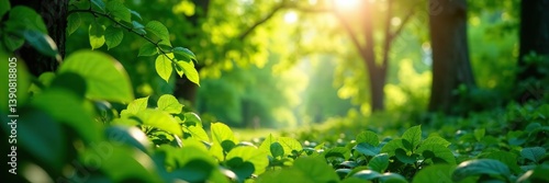 Sunlight filtering through lush green leaves in dense summer forest,  leaves,  shining