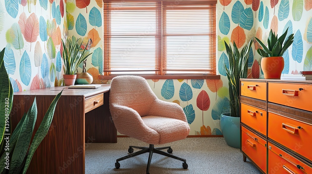 A cozy mid-century office featuring colorful wallpaper with retro leaf patterns