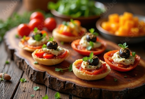 assorted colorful tapas display rustic wooden board gourmet appetizer spread bright flavors culinary art delicious plates, food, presentation, variety, meal photo