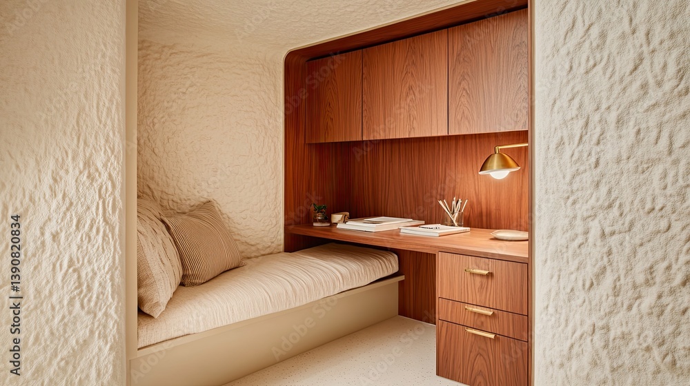 A functional mid-century study nook built into a recessed area with teak cabinetry