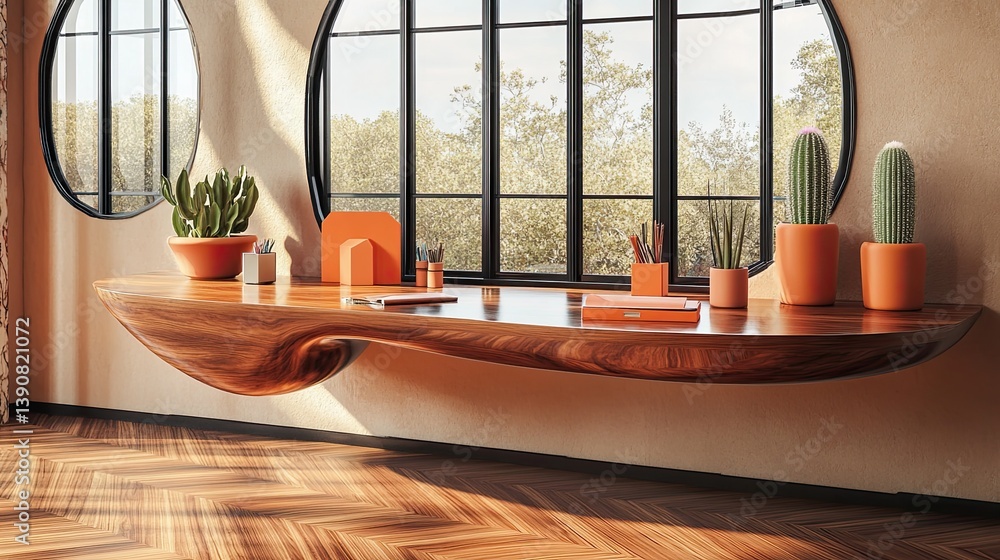 A futuristic-retro mid-century home office with a floating kidney-shaped desk in high-polish walnut finish