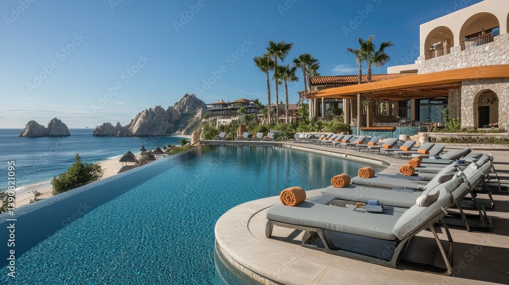 Fototapeta premium Luxurious resort poolside scene with ocean view and sun loungers at a sunny beach destination in Cabo San Lucas