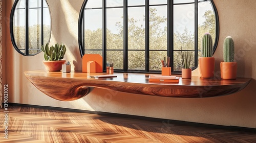 Obraz na płótnie A futuristic-retro mid-century home office with a floating kidney-shaped desk in high-polish walnut finish w salonie