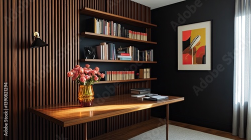 Obraz na płótnie A high-contrast mid-century modern office setup featuring black walls with vertical wooden slats on one side w salonie