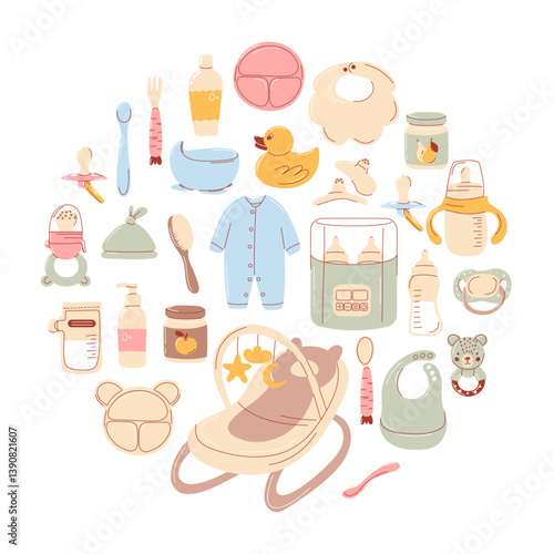 Newborn accessories and supplies, round composition, circle shape. Vector flat hand drawn illustration. Baby pacifier, sleepsuit, rattle toy, bath duck, fruit puree for complementary feeding, nibbler