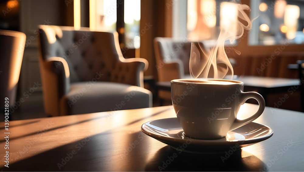 A warm, steaming cup of coffee in a cozy cafe or restaurant setting, often with a pleasant view indoors or outdoors. A moment of comfort and indulgence A warm, steaming cup of coffee in a cozy cafe or restaurant setting, often with a pleasant view indoors or outdoors. A moment of comfort and indulgence
