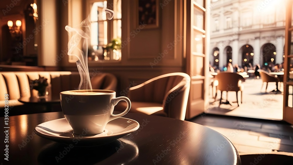 A warm, steaming cup of coffee in a cozy cafe or restaurant setting, often with a pleasant view indoors or outdoors. A moment of comfort and indulgence A warm, steaming cup of coffee in a cozy cafe or restaurant setting, often with a pleasant view indoors or outdoors. A moment of comfort and indulgence