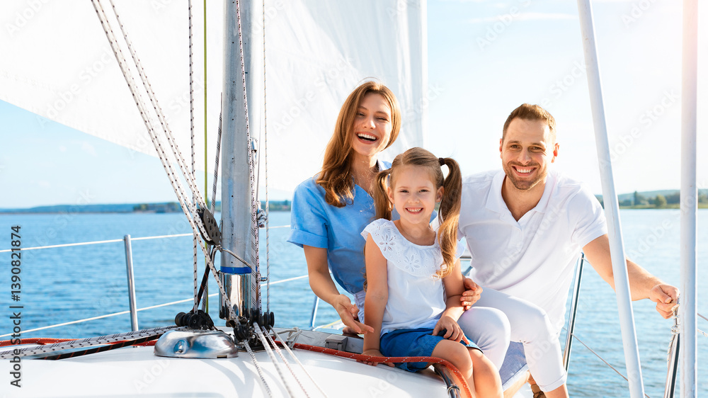 Cheerful Family Sitting On Yacht Deck Having Boat Ride Outdoor Spending Summer At Seaside. Panorama, Copy Space Cheerful Family Sitting On Yacht Deck Having Boat Ride Outdoor Spending Summer At Seaside. Panorama, Copy Space