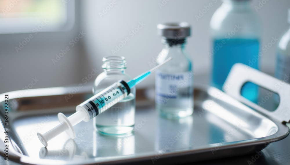 Fototapeta premium Vaccine vial and syringe on a medical tray 