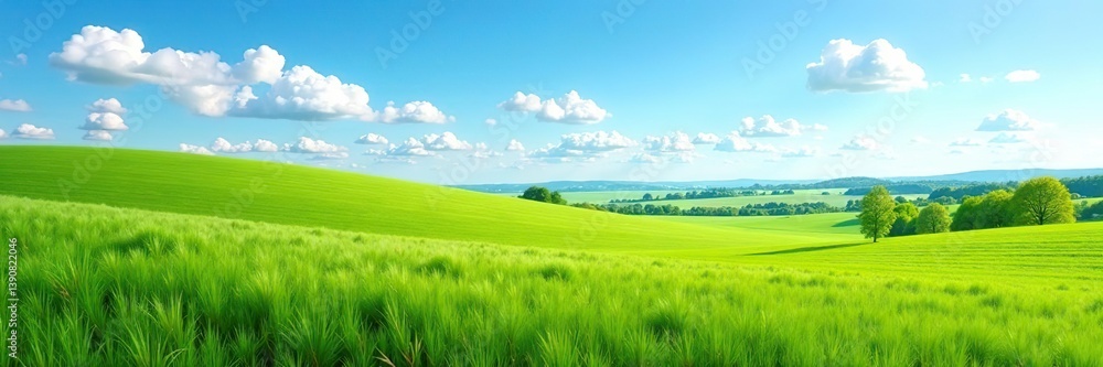 Fototapeta premium Scenic view of Russia's summer landscape with vibrant green fields under a clear blue sky dotted with fluffy white clouds, landscape, Russia