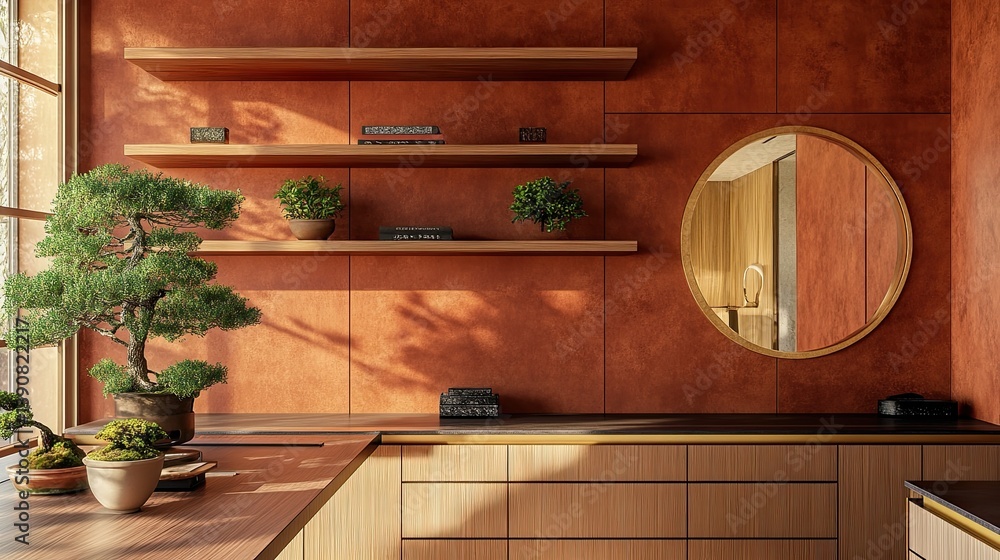 A layered workspace with stacked floating teakwood shelving above a minimalist desk