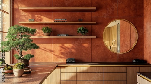 Obraz na płótnie A layered workspace with stacked floating teakwood shelving above a minimalist desk w salonie