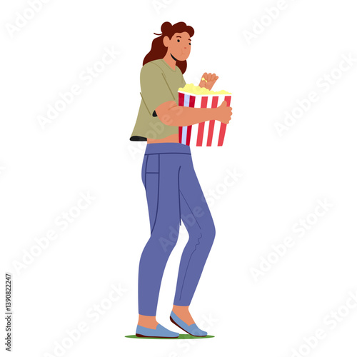 Woman cartoon character eating popcorn holding huge paper pack box in hand isolated on white