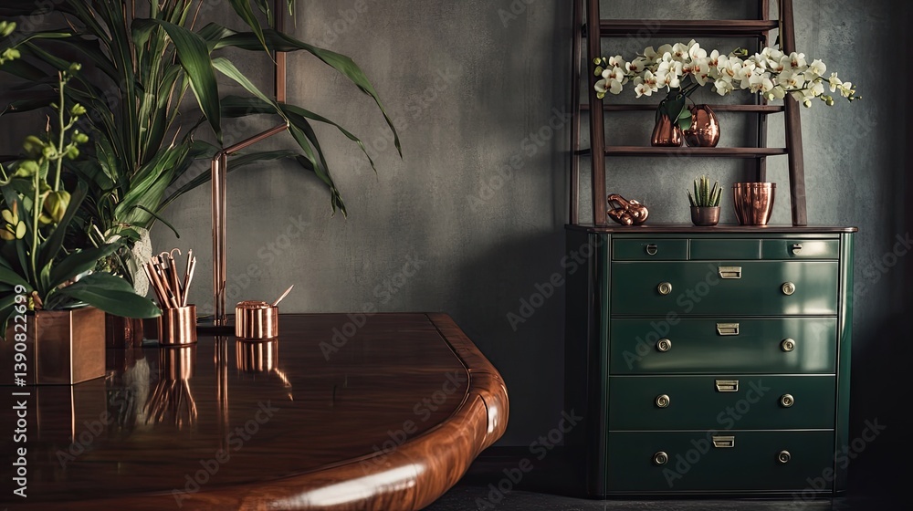 A luxurious and moody home office with dark concrete walls