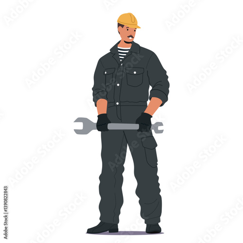 Mechanic sea cruise crew cartoon character wearing uniform holding wrench isolated on white
