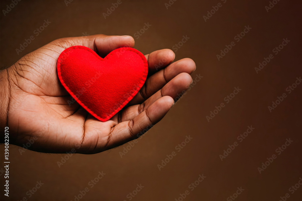 Red heart in palm on brown background. Space for text. Red heart in palm on brown background. Space for text.